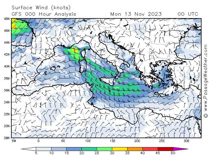 Wind map of the Mediterranean Area showing wind vectors and speed in knots.