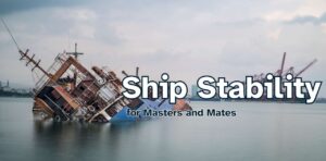 A sunken ship on the background for the book title, Ship Stability for Masters and Mates.
