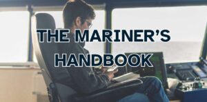 A seaman sitting inside the bridge using his smartphone and a book as the background for the book title, The Mariner's Handbook.