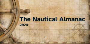 An old paper containing compass rose with plotted lines as the background for the book title, The Nautical Almanac.