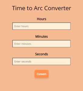 Converter of time in hours minutes and seconds to its equivalent Arc in degrees, minutes, and seconds.
