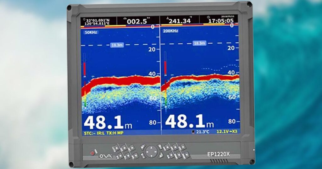 An echo sounder showing the depth of the water at 48.1 meters.