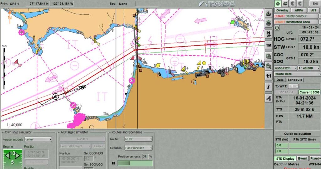 ECDIS screen showing a vessel following its route during navigation.