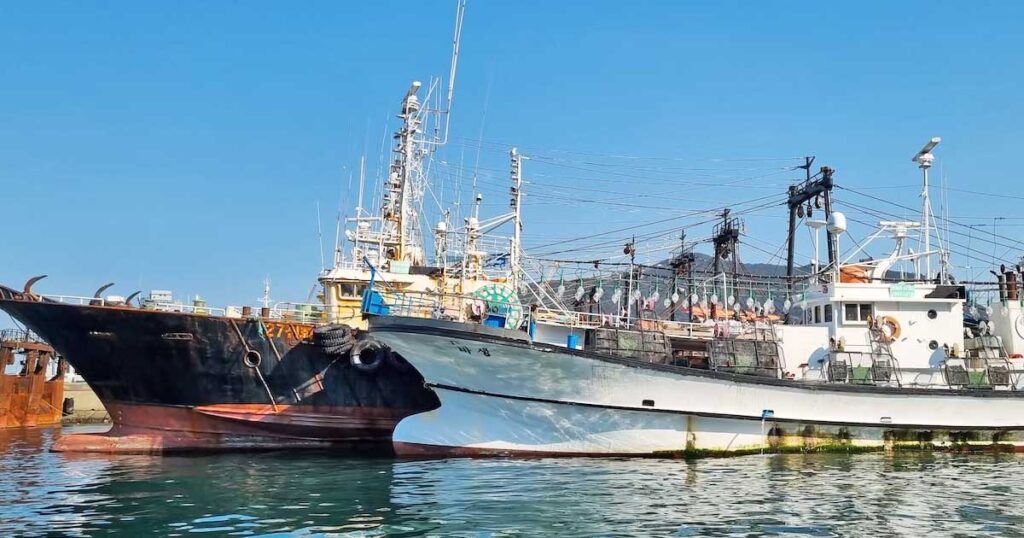 Fishing vessels docked in port.