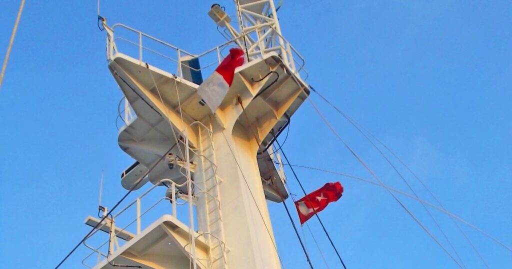 The ship's aft mast flying its Hotel Flag indicating that he's navigating with a Pilot on board.