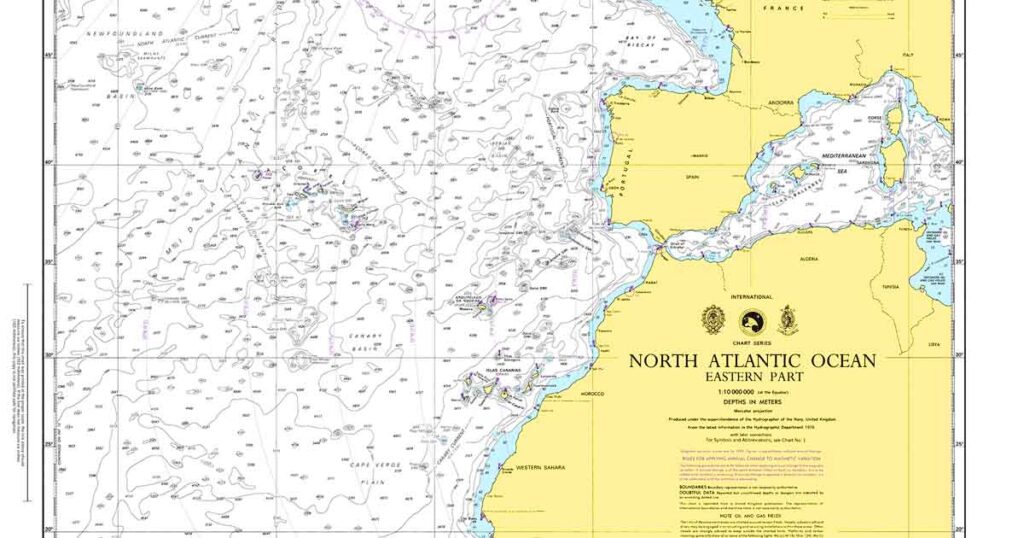 A small scale chart of the North Atlantic Ocean.