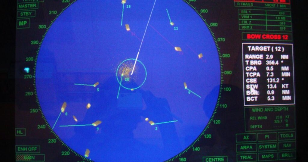 A Radar-ARPA showing acquired target's trailing echoes and vectors.