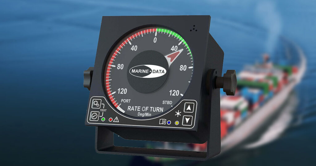 A rate of Turn indicator calibrated in Degrees per Minute and showing numerical values and color coding red for turning to port and green for turning to starboard.