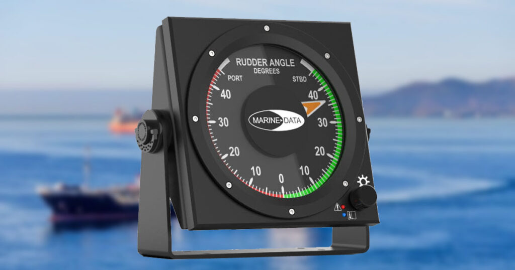 A rudder angle indicator with numerical values and colored green for starboard rudder and red for port rudder.