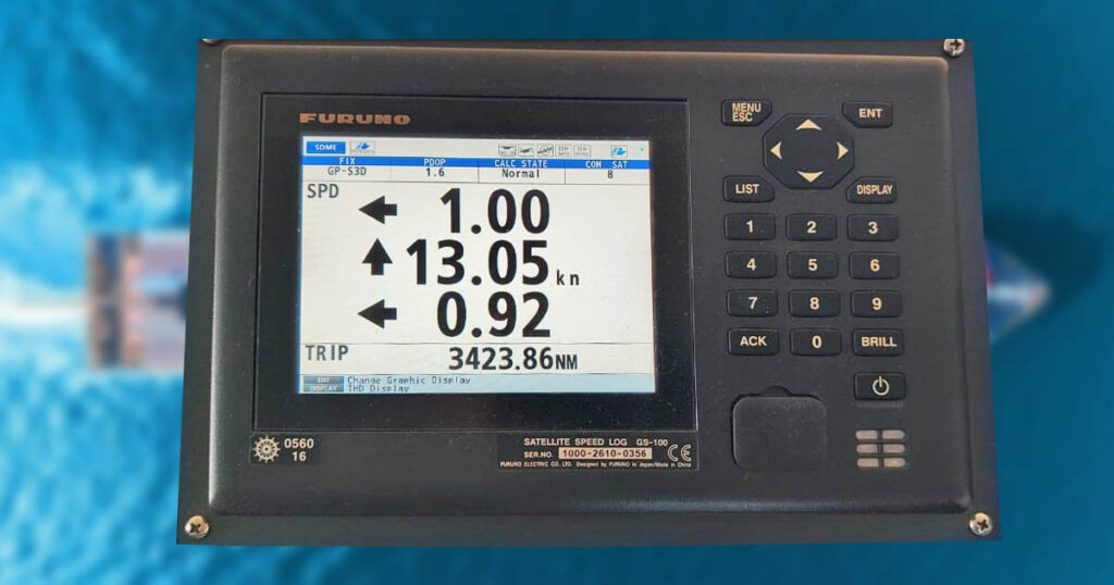 A navigational tool called the Speed and Distance Log Device showing the ship's speed and the total distance travelled.