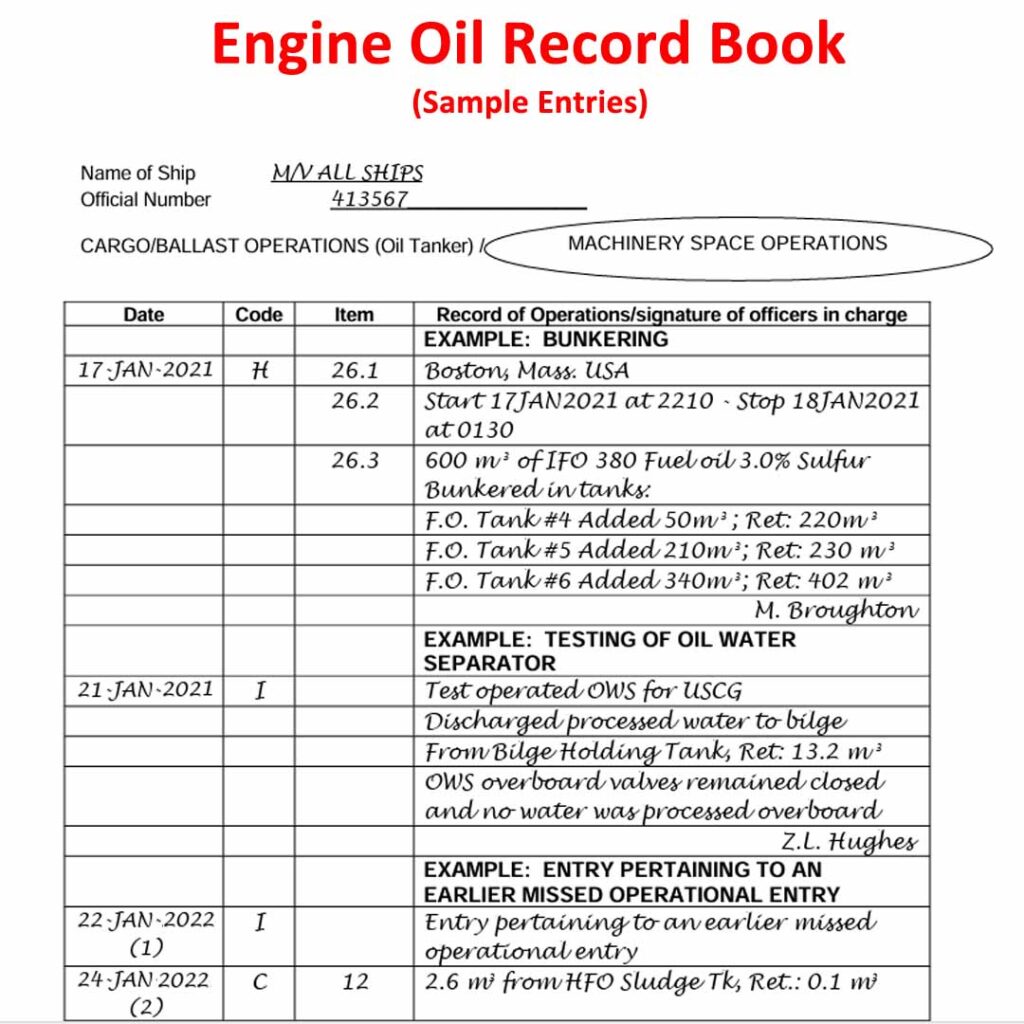 Sample entries of Oil Record Book in the engine room.