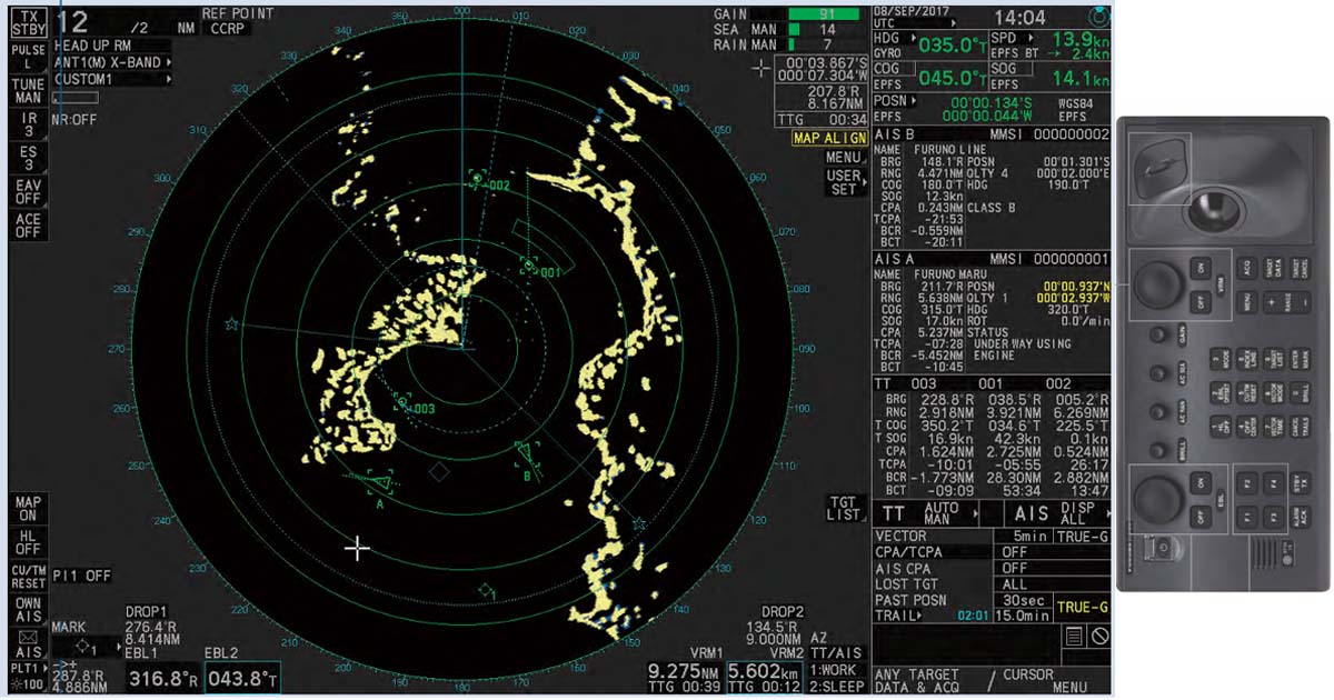 A PPI display of an Automatic Radar Plotting Aid showing the rings, guard zones, EBL, VRM, and acquire targets.