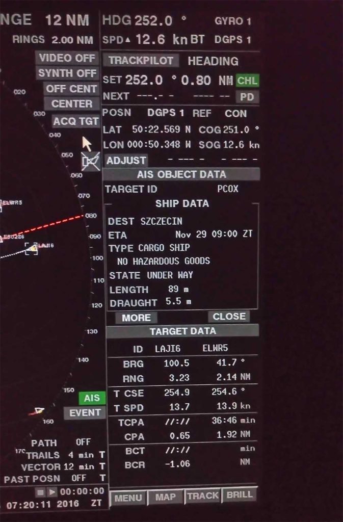 A ship target on the ARPA showing its AIS data suh as the destination, ETA, type of cargo, length, draft, and nav status.