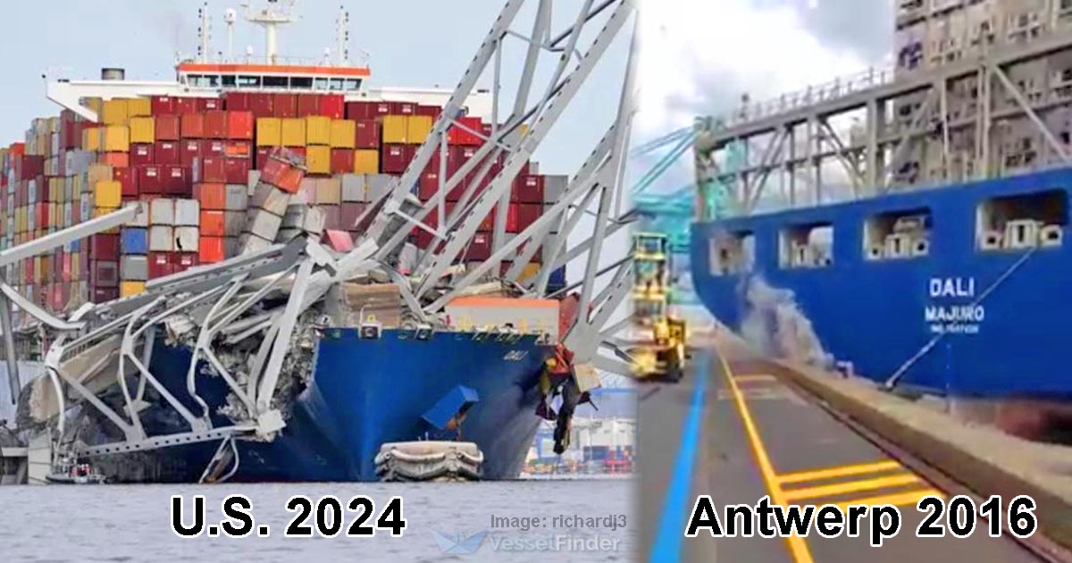 Two incidents involving Dali- right side is when the ship's stern is scraping the jetty last 2016, left side was when it hit Baltimore bridge in 2024.