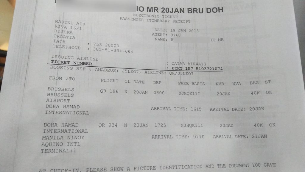 Flight itinerary from ship to home country.